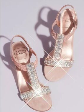 New York Transit Rose Gold T-Strap Rhinestone Slingback Sandals